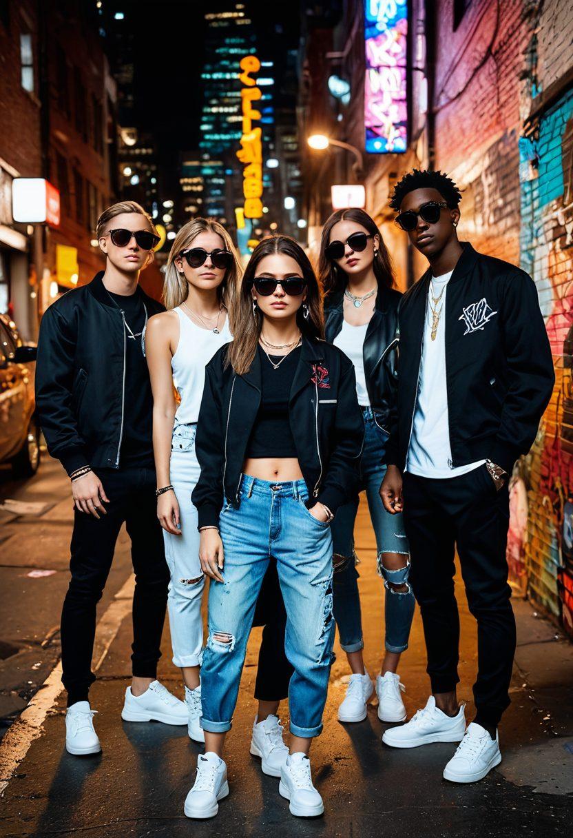A stylish urban scene featuring diverse individuals expressing their unique fashion sense, blending streetwear with high fashion. Graffiti art and vibrant city lights reflect the pulse of the modern city backdrop. Accessories like oversized sunglasses and bold jewelry highlight personal style, while a sense of community and creativity flourishes. Incorporate elements of graffiti, music, and city life to enhance the atmosphere. super-realistic. vibrant colors. urban style.