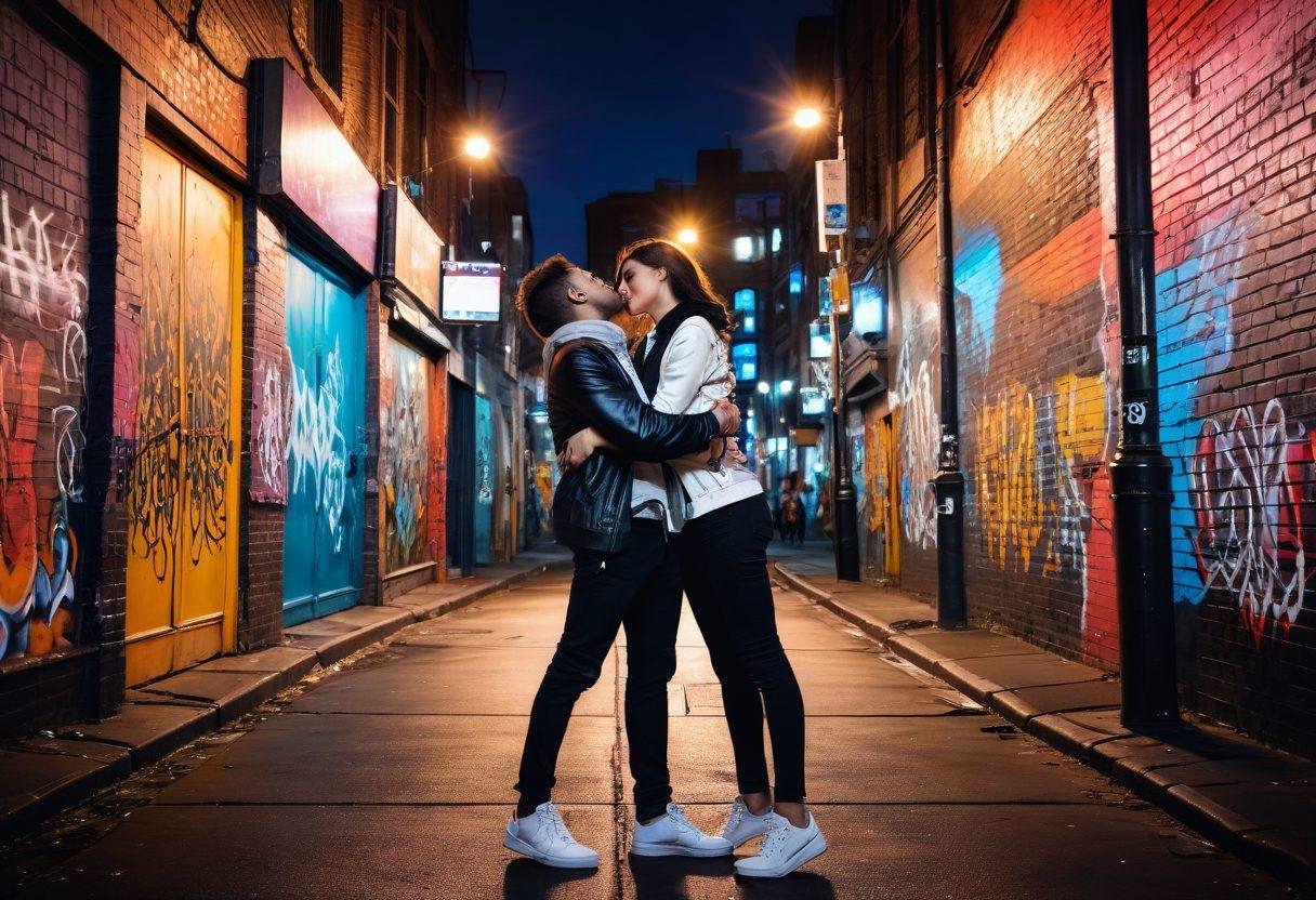 A passionate embrace between a couple surrounded by graffiti-covered city walls, showcasing diverse urban elements like street art, neon lights, and bustling crowds in the background. The couple should embody a strong connection, with strong expressions of love and resilience, adorned in stylish urban fashion. Integrate hints of romance like a flickering street lamp illuminating them. The atmosphere should feel electric and vibrant, capturing the essence of urban romance. super-realistic. vibrant colors. cityscape.
