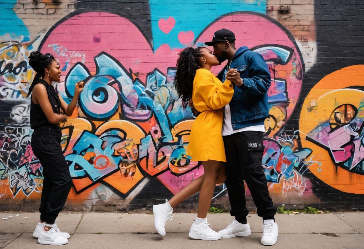 A vibrant collage depicting diverse hip-hop artists sharing moments of connection and love, featuring portraits of couples dancing, a heart-shaped graffiti mural, and community gatherings filled with joy. The scene should have a dynamic energy, with musical notes floating in the air and colorful street art as the backdrop, showcasing the essence of affection within the hip-hop culture. bright colors, urban style, graffiti elements.